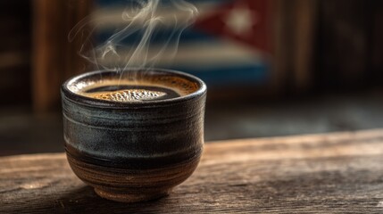Steaming ceramic cup of coffee on rustic wooden table with blurred cuban flag