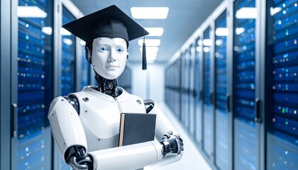 A Robot Wearing a Graduation Cap and Holding a Book in a Server Room 