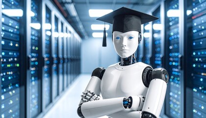 A Robot Wearing a Graduation Cap in a Futuristic Data Center