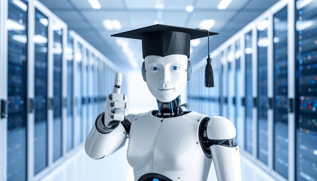 An educational robot in the server room is giving a thumbs up