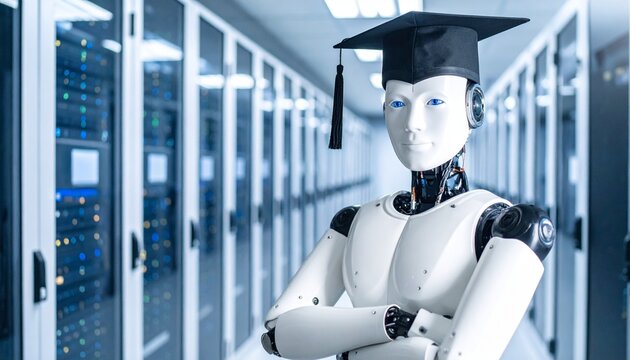 A well-educated robot proudly posing in a server room