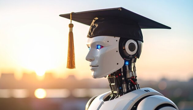 A robot in a graduation cap stands proudly against the sky. This image captures the fusion of education and artificial intelligence.