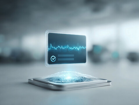 Futuristic card with holographic display digital interface glowing blue light, modern technology, innovation, and virtual data visualization - Powered by Adobe