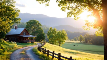 Idyllic Country Road Leading to a Rustic Cabin at Sunset