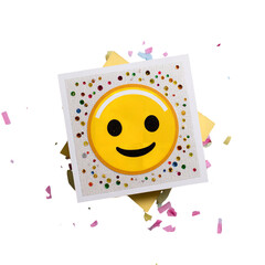 Happy emoji card with confetti for birthday celebration and party invitation design and decoration idea on transparent background