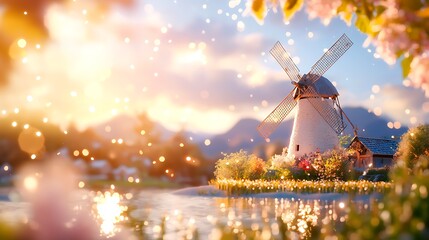Idyllic Spring Countryside Sunset with Windmill