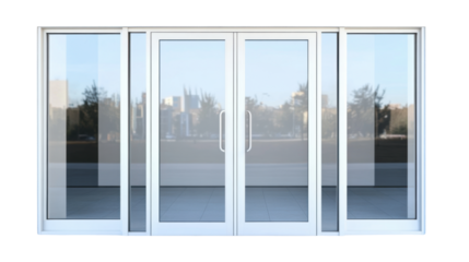 Sliding glass windows and doors entrance with top view of green scenery isolated on white background

