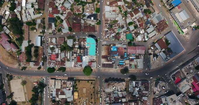 Above View Of Traffic On Gondar City Streets In Northern Ethiopia. Aerial Drone Shot