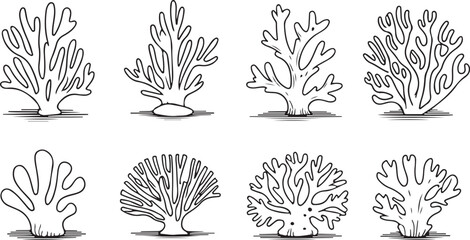 This image features various types of coral in outline style, showcasing diverse shapes with prominent shadows for ocean-themed designs.