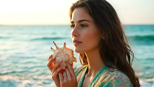 A pensive woman holds a seashell to her ear on a quiet beach at sunset, soft golden light on her face and calm waves behind her. The concept of introspection and connection to nature