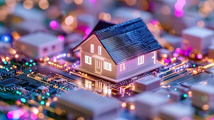 Illuminated Miniature House on Circuit Board Representing Smart Home Technology