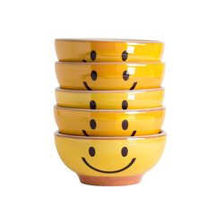 Stack of yellow smiley face bowls cute kitchenware home decor cheerful serving bowls for breakfast lunch dinner on transparent background