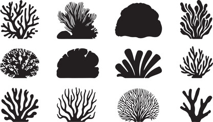 This image features various types of coral and marine plant designs in silhouette, showcasing diverse shapes and textures for underwater themes