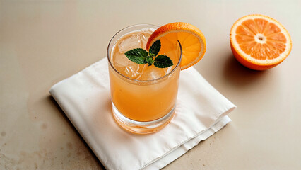 Fresh orange juice on linen napkin with mint..
