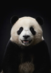Obraz premium Close-Up of a Smiling Giant Panda with Black and White Fur Against Dark Background