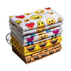 Stack of emoji face masks colorful designs washable reusable face coverings fashion accessories for adults on transparent background