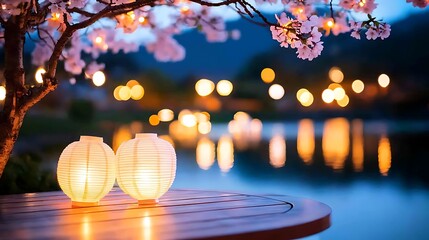 Illuminated Sakura Tree at Night with Lanterns and Water Reflections