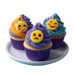 Emoji cupcakes with colorful frosting and sprinkles for party treats and birthday celebrations on transparent background