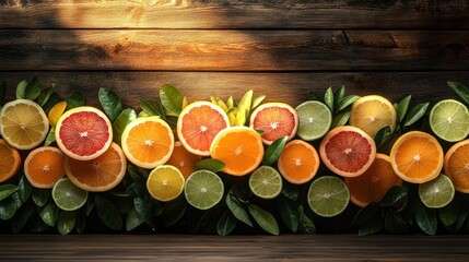 Against a polished wooden backdrop, slices of citrus fruits, including lemons, limes, and oranges, fan out in an intricate display, catching the light in a brilliant array of colors.