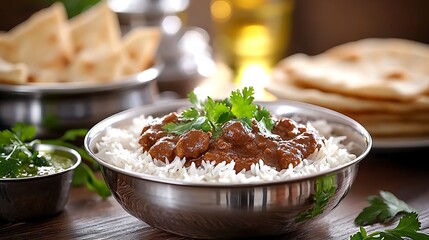 Indian Curry Served with Basmati Rice and Naan