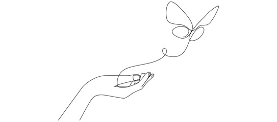 One continuous line drawing of hand holding butterfly. Beautiful flying moth for wellbeing beauty or spa salon logo.Vector illustration eps 10 © Pilangenceng art