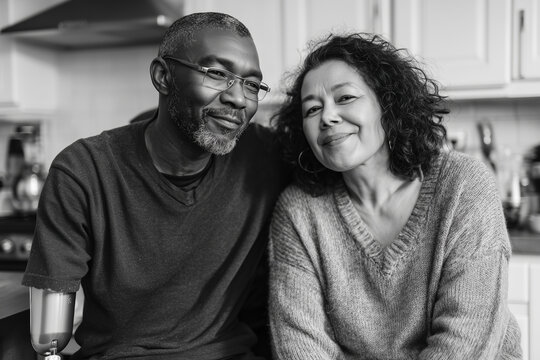 A couple of diverse ethnicities, one using a prosthesis, sharing a quiet moment in the kitchen, sstkhealth, 