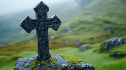 Carved stone cross, intricate patterns, sits atop mossy rock in misty green landscape