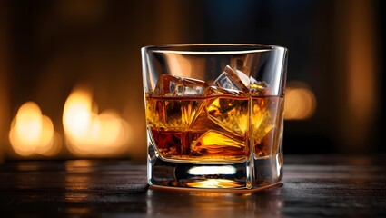 A Glass of Whiskey on Ice Lit by a Warm Fire in the Background