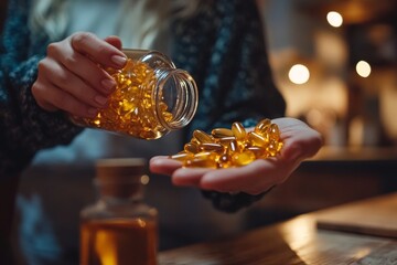 Close-up of a person pouring multivitamin capsules into her hand, preparing to take supplements for health., Generative AI