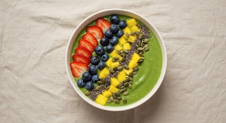 Delicious Green Smoothie Bowl with Strawberries Blueberries Mango Seeds