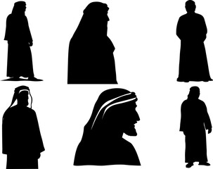Set of Muslim Arab man silhouettes. Vector illustration