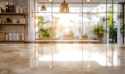 A bright and inviting kitchen interior with a marble countertop