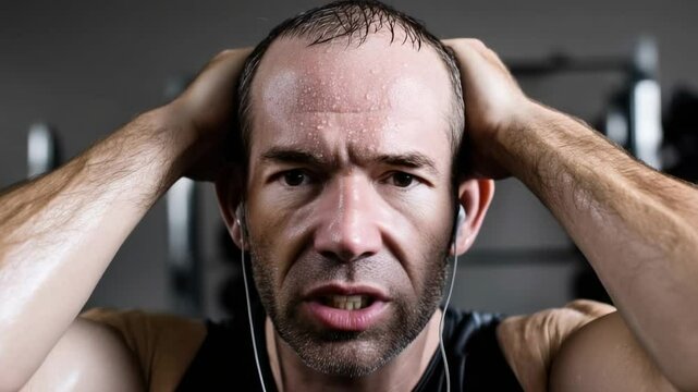 Intense workout session showing a man pushing his limits in a gym while battling fatigue and focusing on his fitness goals