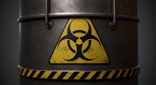 Biohazard Waste Drum: Rusty Metal Container with Warning Symbol