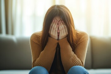 Unhappy anxiety young Asian woman covering her face with a pillow on the couch, feeling overwhelmed and stressed at home., Generative AI