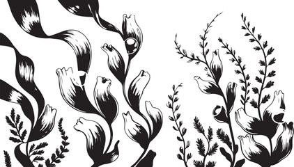 Obraz premium various stylized plants and flowers with a unique textural line art, set against a background of bubbles, suggesting an underwater or fantasy botanical theme.