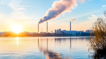 Industrial Power Plant at Sunset Over a River