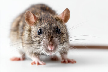 Close up, Curious rodent, standing on back feet and looking at the camera, on white background