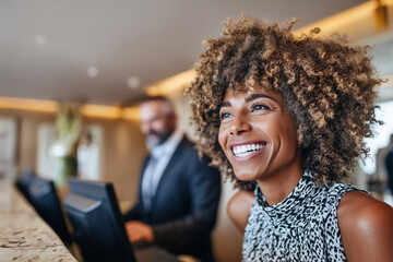 Close up, Receptionist greeting clients at a hotel front desk