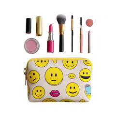 Makeup bag with smiley faces and beauty products for women cosmetic brushes and lipstick collection on transparent background