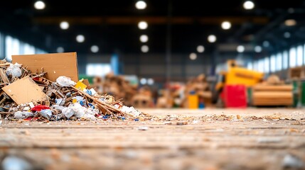 Industrial Recycling Workshop: Shredded Paper and Cardboard Debris on Weathered Wood Floor