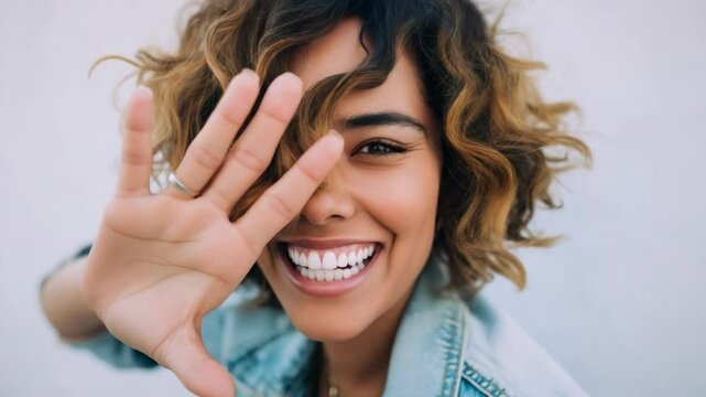 Smiling woman waves hand in cheerful gesture outdoors during bright day