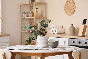 Vase with eucalyptus branches and dishes on dining table in kitchen