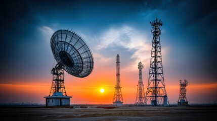 Obraz premium Antennas and towers on a plain field at sunset under a cloudy sky