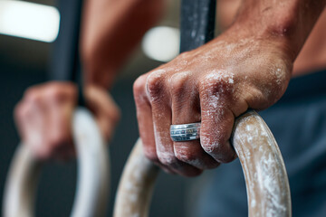 Obraz premium Close up, Close-up on a athlete using gymnastics rings