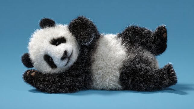 Adorable fluffy baby panda relaxing on blue background
