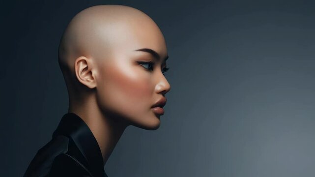 Elegant portrait of a model with a bald head showcasing modern beauty and fashion in a sophisticated studio setting