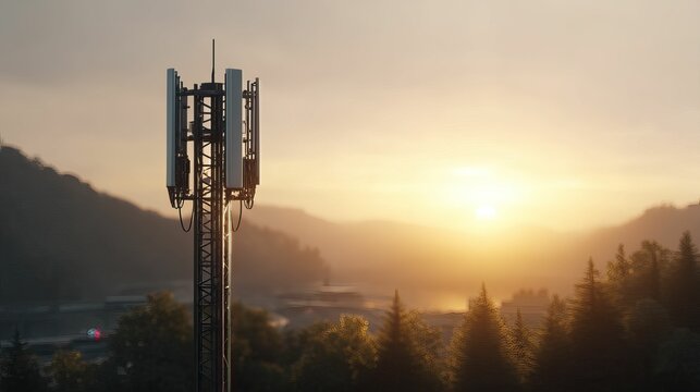 Tall cell tower at sunset overlooking a hazy valley with green mountains