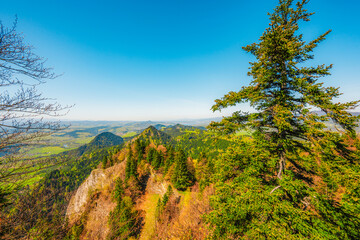 Hiking to peak Tri Koruny or Trzy Korony during day. Pieniny National park in Poland. View from the lookout at the top © Zedspider