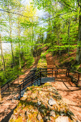 Hiking to Peak Tri Koruny or Trzy Korony during day. Pieniny National park in Poland. Pieniny Castle